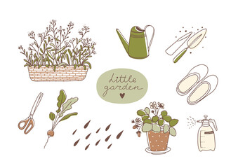 Gardening set. Line art with colors. Forget-me-nots, spray bottle, watering can, radishes, scissors, galoshes, potted strawberries © olga_bonitas