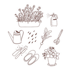 Gardening set. Vector illustration. Line art. Forget-me-nots, spray bottle, watering can, radishes, scissors, galoshes, potted strawberries