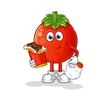 tomato eat chocolate mascot. cartoon vector