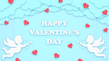 Happy valentines day greeting background in papercut style. Holiday blue banner with paper clouds, cupids and hearts. Place for text