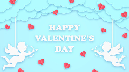 Happy valentines day greeting background in papercut style. Holiday blue banner with paper clouds, cupids and hearts. Place for text