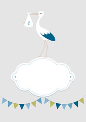 Storch Auf Wolke Mit Baby Junge Bunte Girlanden Retroblau Grau