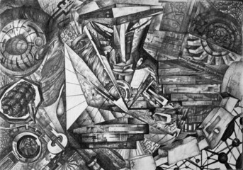 Abstract background with cybernetic forms. Psychedelic monochrome background. Futuristic graphic sketch in the style of abstract expressionism. Biomechanical textured surfaces. 
