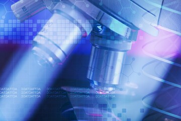 New modern microscope. Medicine research concept. History of biology, alchemy, vaccination.