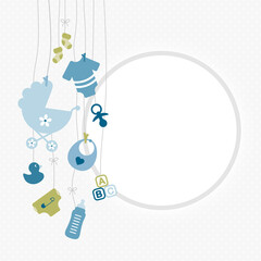 Links H&auml;ngende Babysymbole Junge Retroblau Olivgr&uuml;n Runder Rahmen Punkte Grau