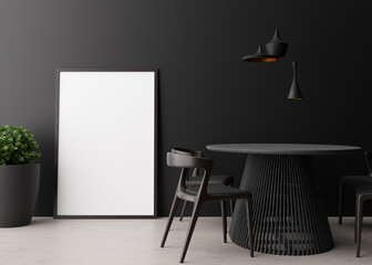 Empty vertical picture frame on black wall in modern dining room. Mock up interior in minimalist style. Free space, copy space for your picture. Dining table, chairs, lamps, plant. 3D rendering.