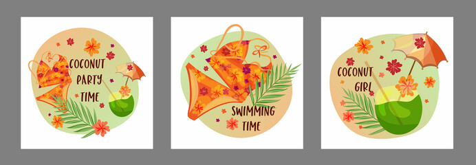 Coconut Girl Party illustration. Vector clipart art with a coconut for a summer swimming party for web and print. 