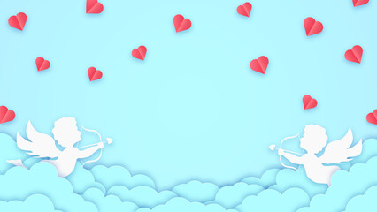 Happy valentines day greeting card background. Place for text. Holiday blue banner with clouds, cupids and hearts. Space for text