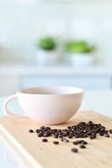 Black coffee in a white mug, Coffee beans