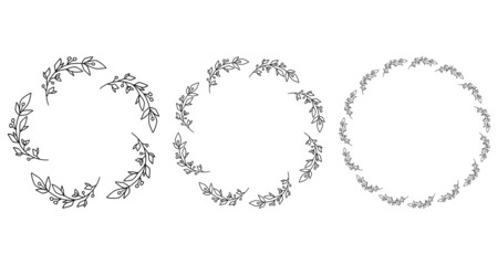 Set floral frame. For wedding invitations and greeting cards, labels. Circular wreath frame line art.