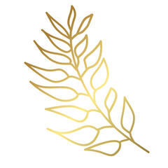 Decorative branch with leaves in gold color. Plant with gradient isolated on white background. Linear design element. Vector illustration.