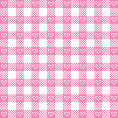 Gingham pattern for Valentines Day with pixel hearts in pink white. Seamless Scottish tartan vichy pixel check plaid for dress, shirt, tablecloth, gift wrapping, or other trendy holiday print.