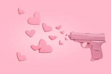 Love layout with pink pistol firing hearts on pastel pink background. Minimal Valentines Day,...