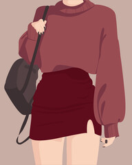 Fashion woman. A girl in a stylish skirt and a sweater in burgundy shades. Dark backpack. Simple flat. Vector illustration.