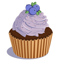 Cupcake with ripe blueberry. Flat blueberry muffin design over white. Vector illustration.