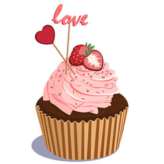 Cupcake with ripe strawberries. Flat lay strawberry muffin design over white. Vector illustration.