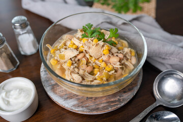 White Chicken Chili. Corn soup with chicken and beans. Easy slow cooker meal. 