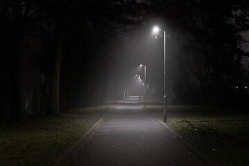 parkway in dark and foggy night