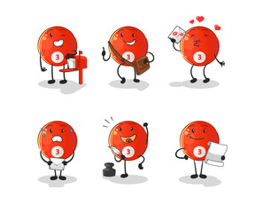 red billiard ball postman set character. cartoon mascot vector