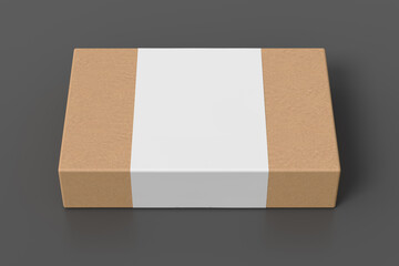 Flat box mock up with blank paper cover label: cardboard gift box on gray background.