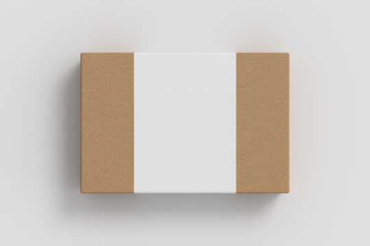 Flat box mock up with blank paper cover label: cardboard gift box on white background.