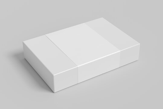 Flat box mock up with blank paper cover label: White gift box on white background.