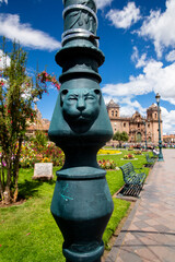 Light pole with a puma sculpture in Cusco Peru. Traditional light pole in Peruvian Andes in Cusco...