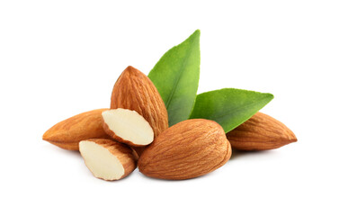 Organic almond nuts and green leaves on white background. Healthy snack
