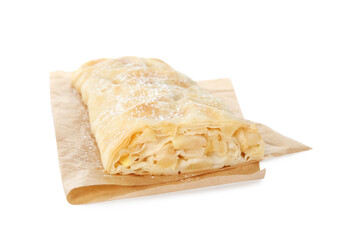 Delicious apple strudel with powdered sugar isolated on white
