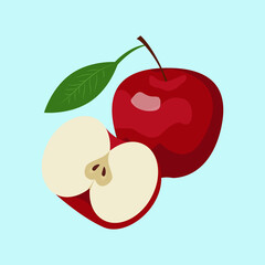 Red Apple with green leaf and half of the Apple