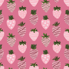 Seamless pattern of strawberries. Vegan berry, healthy, juicy, sweet life. Love valentine's day, romantic pink background. Natural sweets for February 14.