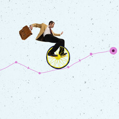Creative design. Contemporary art collage of businessman balancing on unicycle trying to drive...