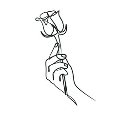 Continuous line art drawing of a hand holding flower
