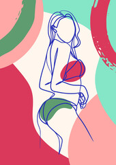 Continuous one line art poster of woman body in bikini