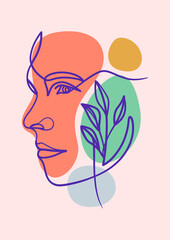 Woman face one line art drawing poster with plant