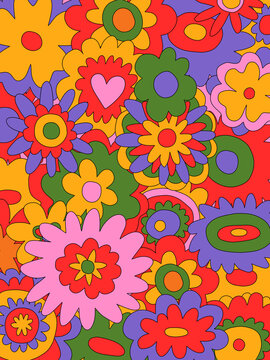 vintage vector interior posters in hippie style.70s and 60s funky and groovy postcards.Psychedelic patterns with flowers shapes.Vibrant pattern for wallpaper and back.Low contrast.Retro placard