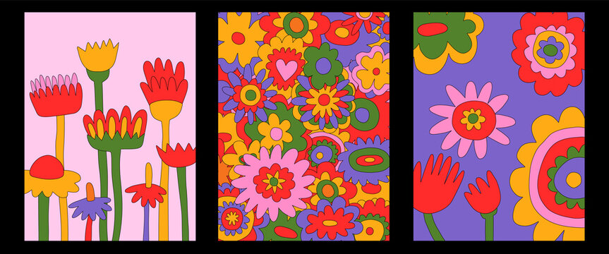 vintage vector interior posters in hippie style.70s and 60s funky and groovy postcards.Psychedelic patterns with flowers shapes.Vibrant pattern for wallpaper and back.Low contrast.Set of retro placard