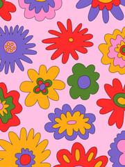 Fototapeta na wymiar vintage vector interior posters in hippie style.70s and 60s funky and groovy postcards.Psychedelic patterns with flowers shapes.Vibrant pattern for wallpaper and back.Low contrast.Retro placard