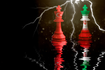 turkey and iran flags paint over on chess king. 3D illustration turkey vs iran crisis. - obrazy, fototapety, plakaty
