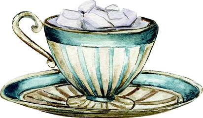 Watercolor romantic birds tea time valentine vintage cup, kettle cake, sweet cookie