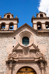 Traditional catholic church in Cusco Peru. Colonial building in Peruvian Andes.