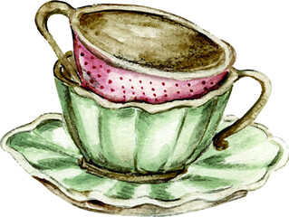 Watercolor romantic birds tea time valentine vintage cup, kettle cake, sweet cookie