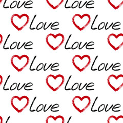 Repeating red hearts and handwritten word love vector seamless pattern. Romantic ornament for girl dress fabric print. Endless girlish pattern with hearts and love word calligraphy.Cute illustration