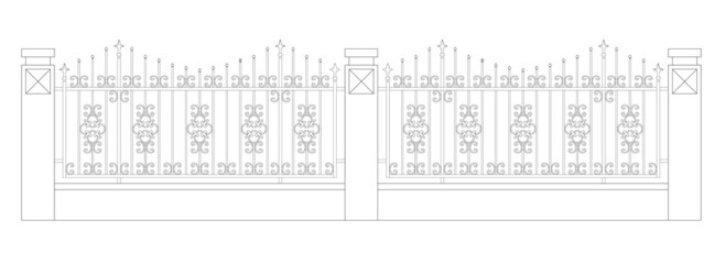 2 section of 2D decorative fencing drawing. Created using the CAD design. Drawing in black and white.