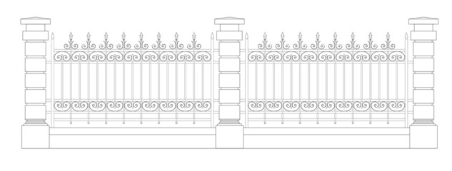 2 section of 2D decorative fencing drawing. Created using the CAD design. Drawing in black and white.