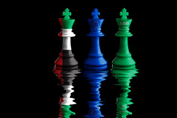European Union, india and United Arab Emirates flags paint over on chess king. 3D illustration.