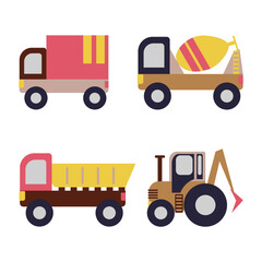 Icon set of tractor, concrete truck, truck, dump truck. Bright vector and illustration. Children's drawing, toy cars, special equipment.