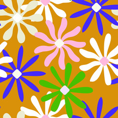 Fototapeta premium Abstract Retro Flowers Vintage Style Vector Florals Seamless Pattern Trendy Fashion Colors Chic Elegant Look