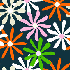 Abstract Retro Flowers Vintage Style  Vector Florals Seamless Pattern Trendy Fashion Colors Chic Elegant Look