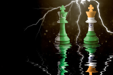 pakistan, and india flags paint over on chess king. 3D illustration pakistan vs india crisis. - obrazy, fototapety, plakaty